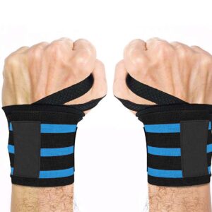 Pair of hands wearing black and blue striped wrist wraps with thumb loops, shown in a clenched fist position.