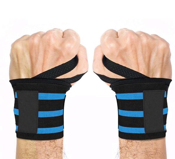 Pair of hands wearing black and blue striped wrist wraps with thumb loops, shown in a clenched fist position.